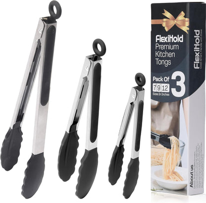 Stainless Steel Kitchen Tongs Set, 3 Pack with Silicone Tips | 7", 9" & 12" non-stick cooking, grilling, BBQ and serving tongs, dishwasher safe, red handles