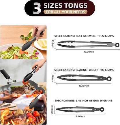 Stainless Steel Kitchen Tongs Set, 3 Pack with Silicone Tips | 7", 9" & 12" non-stick cooking, grilling, BBQ and serving tongs, dishwasher safe, red handles