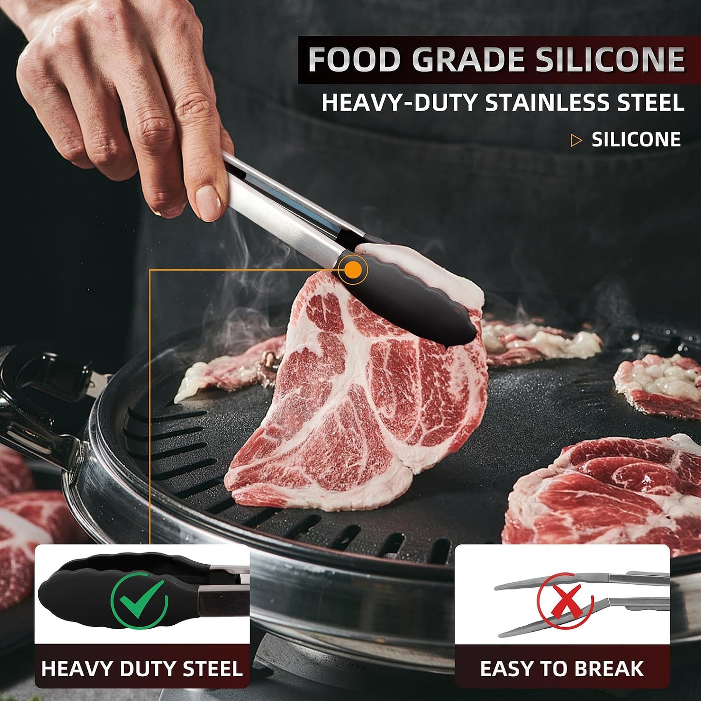 Stainless Steel Kitchen Tongs Set, 3 Pack with Silicone Tips | 7", 9" & 12" non-stick cooking, grilling, BBQ and serving tongs, dishwasher safe, red handles