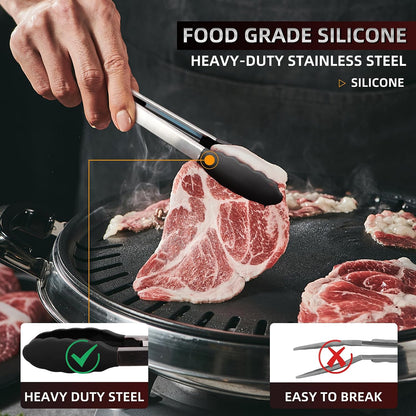 Stainless Steel Kitchen Tongs Set, 3 Pack with Silicone Tips | 7", 9" & 12" non-stick cooking, grilling, BBQ and serving tongs, dishwasher safe, red handles