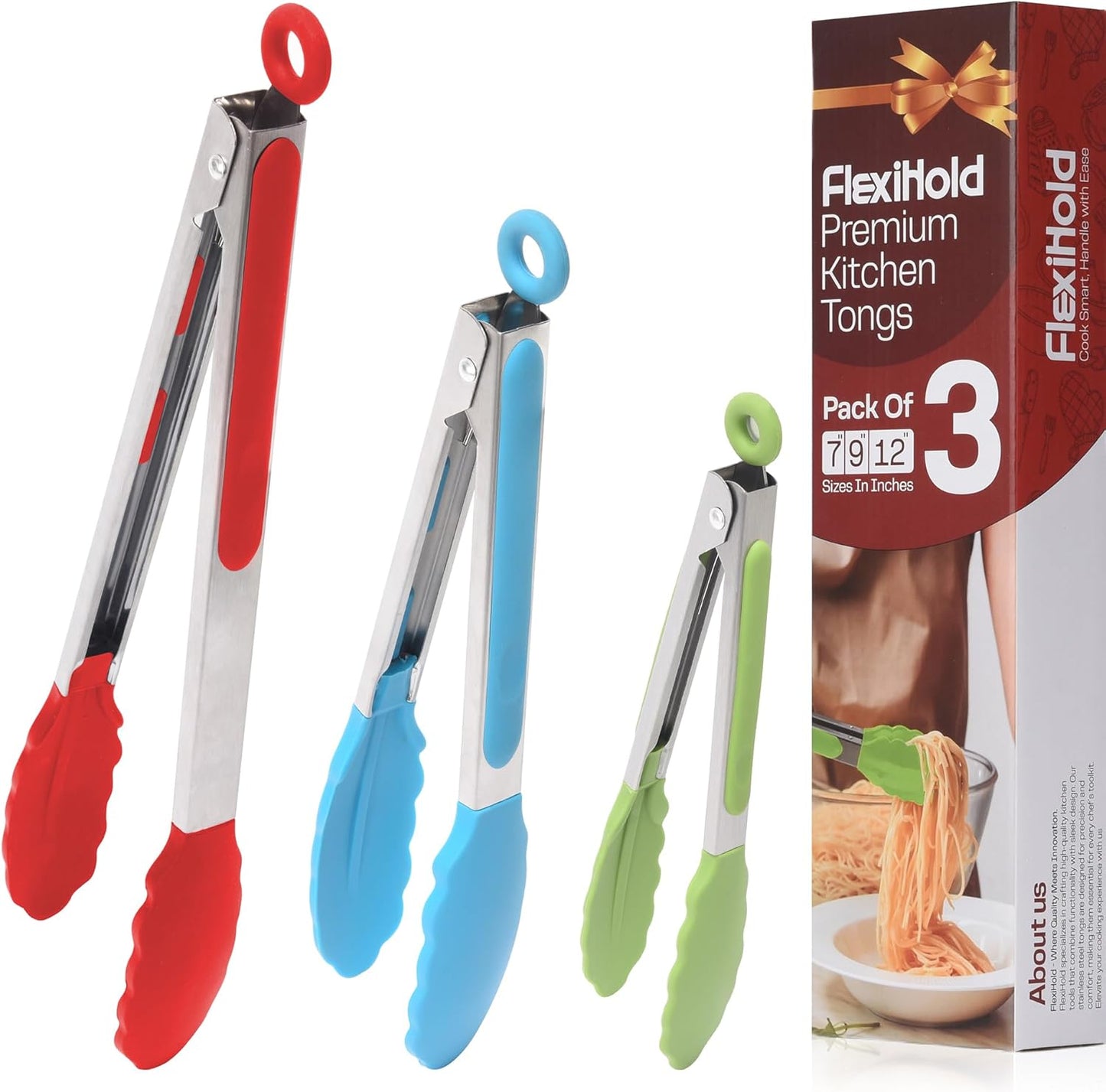 Stainless Steel Kitchen Tongs Set, 3 Pack with Silicone Tips | 7", 9" & 12" non-stick cooking, grilling, BBQ and serving tongs, dishwasher safe, red handles