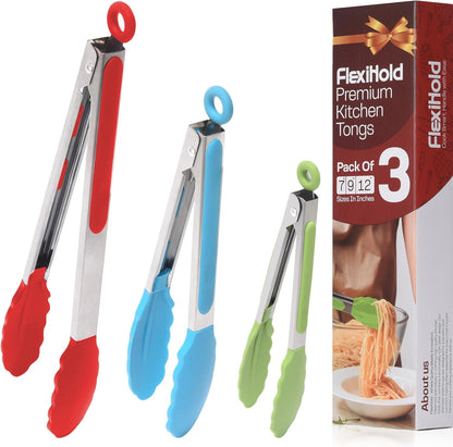 Stainless Steel Kitchen Tongs Set, 3 Pack with Silicone Tips | 7", 9" & 12" non-stick cooking, grilling, BBQ and serving tongs, dishwasher safe, red handles