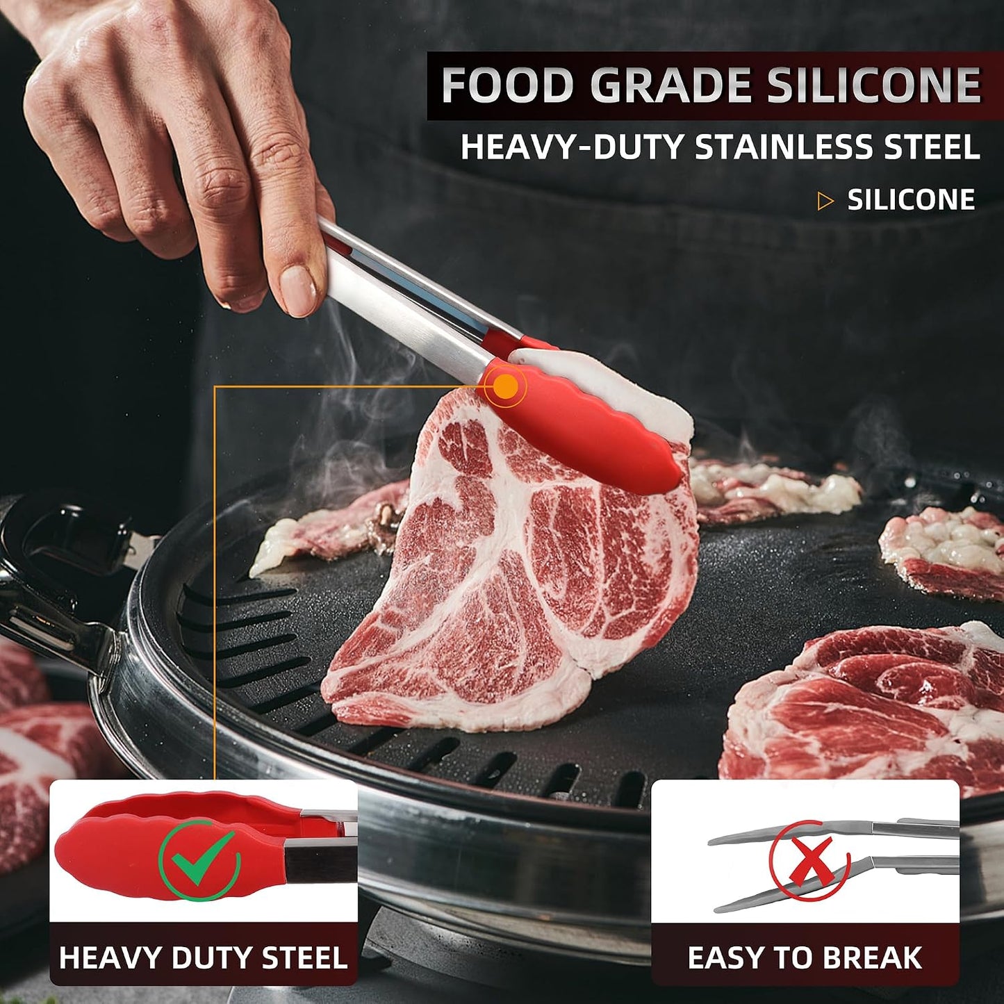 Stainless Steel Kitchen Tongs Set, 3 Pack with Silicone Tips | 7", 9" & 12" non-stick cooking, grilling, BBQ and serving tongs, dishwasher safe, red handles