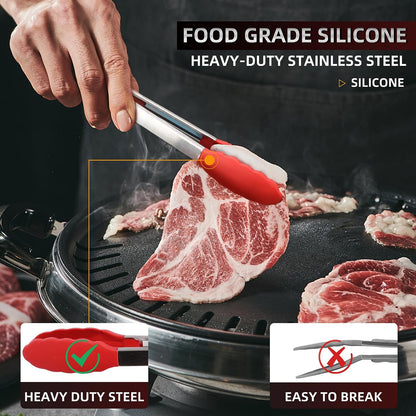 Stainless Steel Kitchen Tongs Set, 3 Pack with Silicone Tips | 7", 9" & 12" non-stick cooking, grilling, BBQ and serving tongs, dishwasher safe, red handles