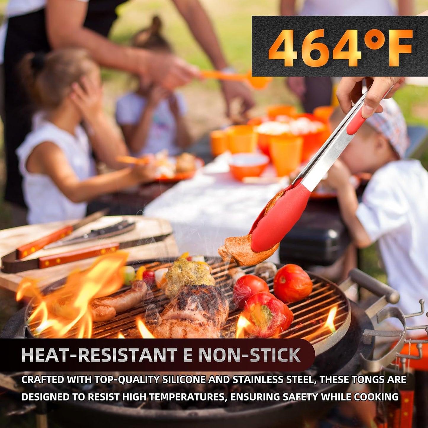 Stainless Steel Kitchen Tongs Set, 3 Pack with Silicone Tips | 7", 9" & 12" non-stick cooking, grilling, BBQ and serving tongs, dishwasher safe, red handles