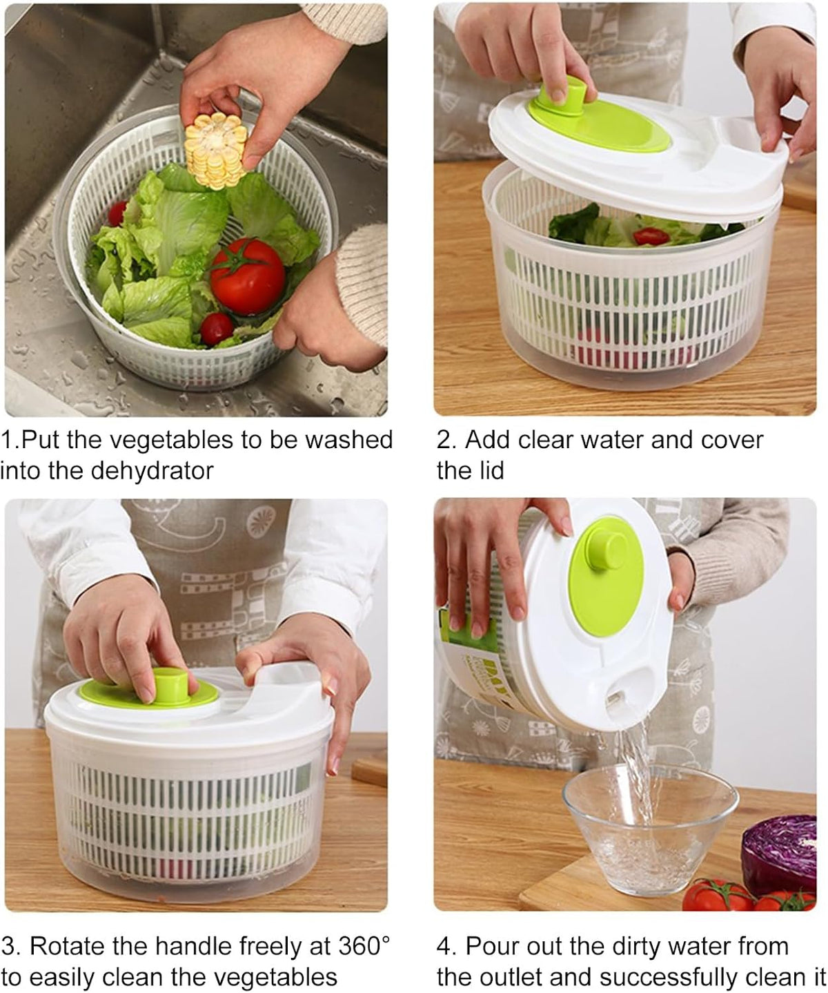 Salad Spinner,Vegetables Fruits Wash Bowl Large Capacity BPA Free Double Layer Detachable Manual Lettuce Spinner,Fruit and Vegetable Washer,Spin and Dry Salad Greens (Green)