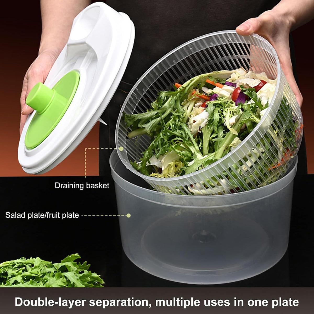 Salad Spinner,Vegetables Fruits Wash Bowl Large Capacity BPA Free Double Layer Detachable Manual Lettuce Spinner,Fruit and Vegetable Washer,Spin and Dry Salad Greens (Green)