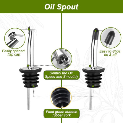Green Olive Oil Dispenser Bottle - 17oz/500ml Glass Oil and Vinegar Bottles Set for Kitchen, Oil Dispenser with 2 Stainless Steel Pourers, Funnel and Brush