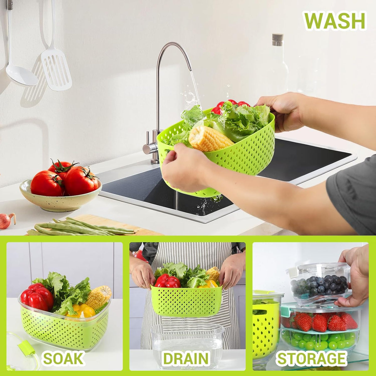 Fresh Produce Vegetable Fruit Storage Containers 3Piece Set, BPA-free Fridge Storage Container, Partitioned Salad Container, Fridge Organizers, Used in Storing Fruits Vegetables, Green