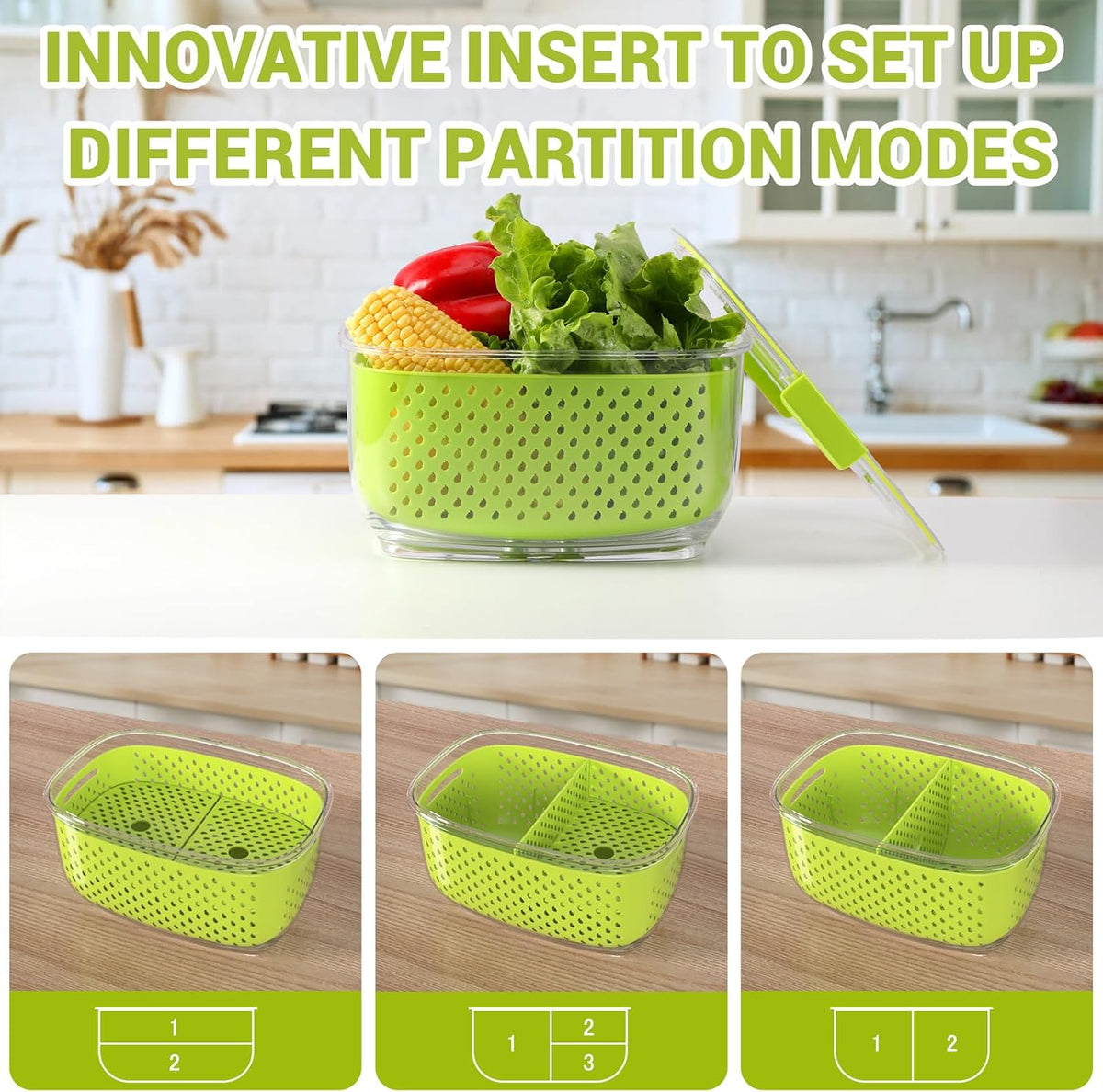Fresh Produce Vegetable Fruit Storage Containers 3Piece Set, BPA-free Fridge Storage Container, Partitioned Salad Container, Fridge Organizers, Used in Storing Fruits Vegetables, Green