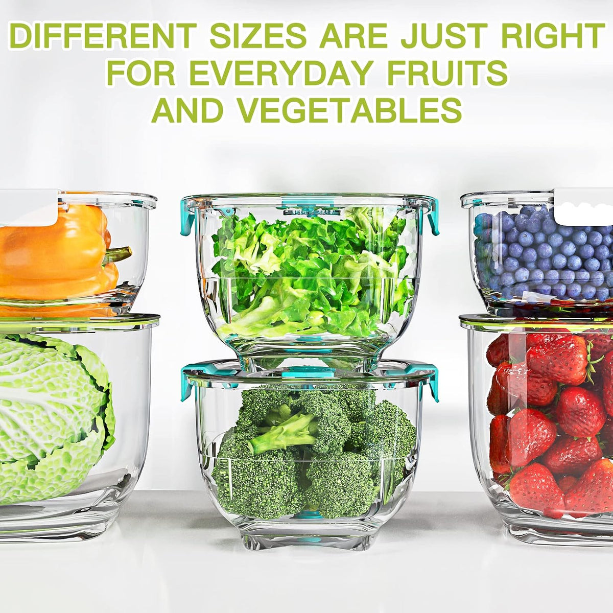 Fresh Produce Vegetable Fruit Storage Containers 3Piece Set, BPA-free Fridge Storage Container, Partitioned Salad Container, Fridge Organizers, Used in Storing Fruits Vegetables, Green
