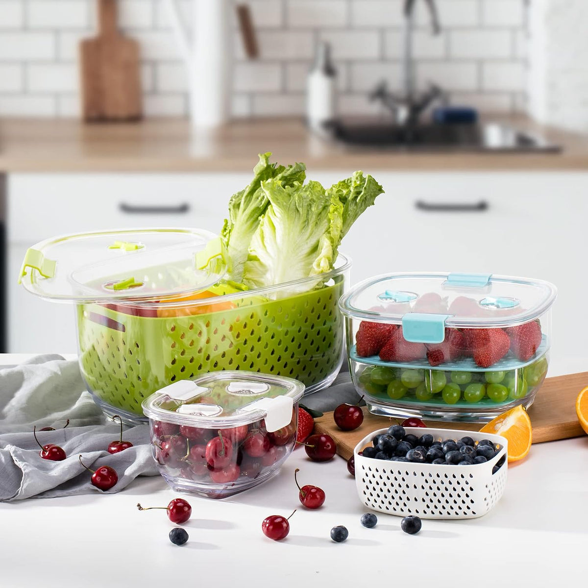 Fresh Produce Vegetable Fruit Storage Containers 3Piece Set, BPA-free Fridge Storage Container, Partitioned Salad Container, Fridge Organizers, Used in Storing Fruits Vegetables, Green