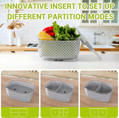 Fresh Produce Vegetable Fruit Storage Containers 3Piece Set, BPA-free Fridge Storage Container, Partitioned Salad Container, Fridge Organizers, Used in Storing Fruits Vegetables, Green