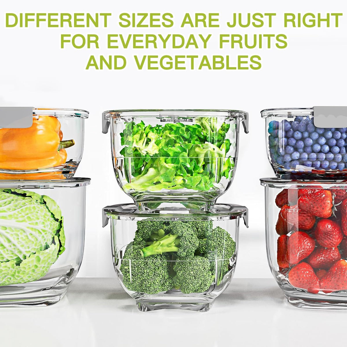 Fresh Produce Vegetable Fruit Storage Containers 3Piece Set, BPA-free Fridge Storage Container, Partitioned Salad Container, Fridge Organizers, Used in Storing Fruits Vegetables, Green