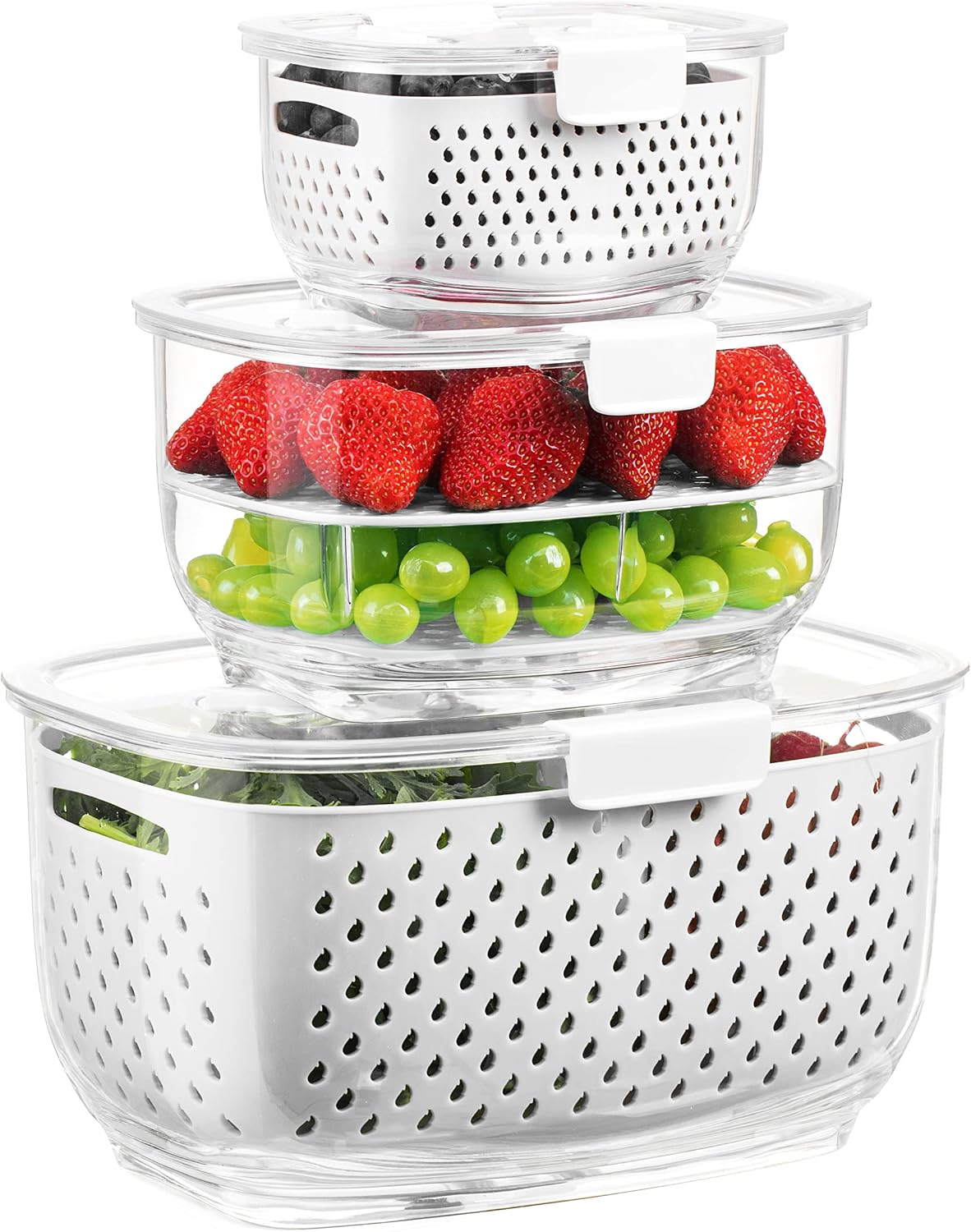 Fresh Produce Vegetable Fruit Storage Containers 3Piece Set, BPA-free Fridge Storage Container, Partitioned Salad Container, Fridge Organizers, Used in Storing Fruits Vegetables, Green