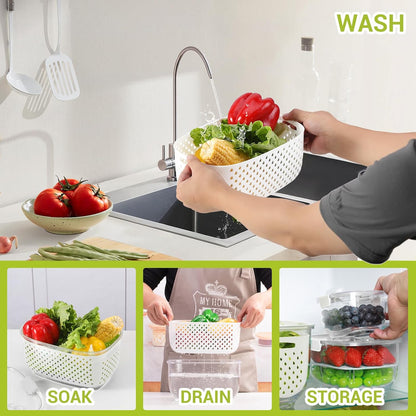 Fresh Produce Vegetable Fruit Storage Containers 3Piece Set, BPA-free Fridge Storage Container, Partitioned Salad Container, Fridge Organizers, Used in Storing Fruits Vegetables, Green
