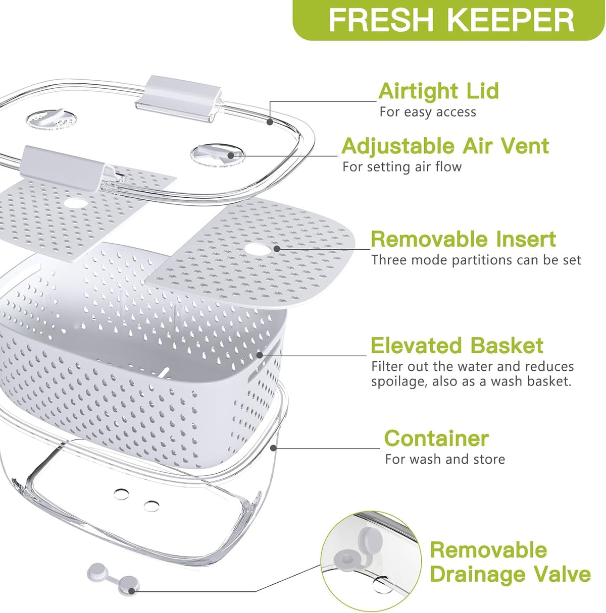 Fresh Produce Vegetable Fruit Storage Containers 3Piece Set, BPA-free Fridge Storage Container, Partitioned Salad Container, Fridge Organizers, Used in Storing Fruits Vegetables, Green