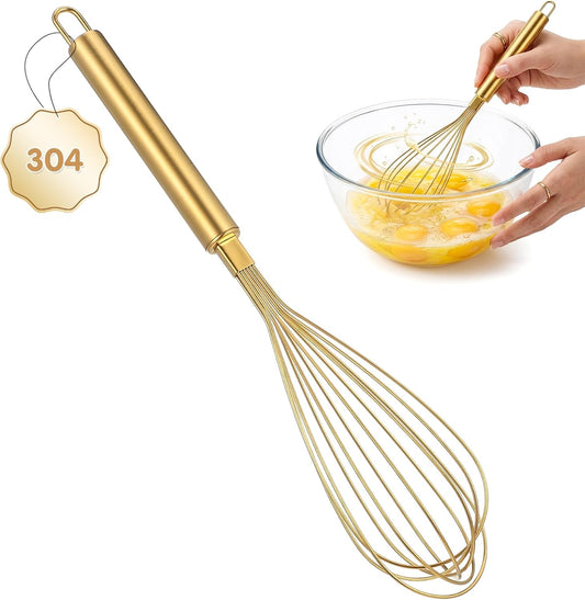 Stainless Steel Whisk, 13 Inch Gold Wire Egg Beater, Thicken Wire Hand Mixer for Whisking Blending Baking Cooking, Kitchen Utensils Gadgets for Cream Batter Sauce