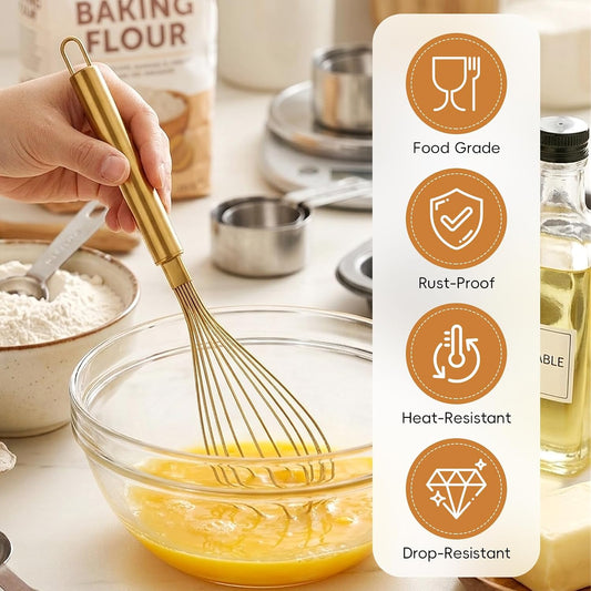 Stainless Steel Whisk, 13 Inch Gold Wire Egg Beater, Thicken Wire Hand Mixer for Whisking Blending Baking Cooking, Kitchen Utensils Gadgets for Cream Batter Sauce