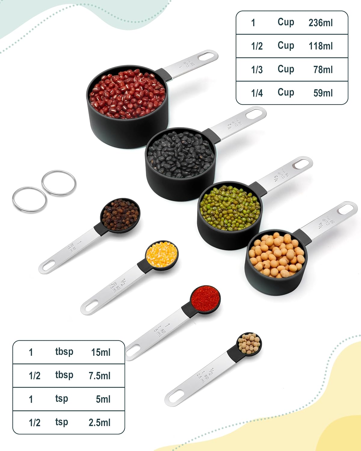 Measuring Cups and Spoons Set of 8 Pieces, nesting measuring cups for Measuring Dry or Liquid Ingredients, Stainless Steel Handle, Kitchen Gadgets for Cooking & Baking
