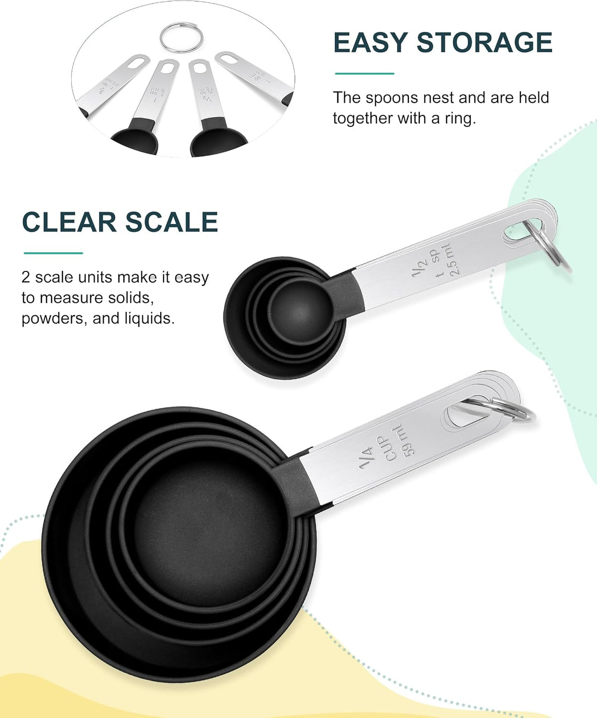 Measuring Cups and Spoons Set of 8 Pieces, nesting measuring cups for Measuring Dry or Liquid Ingredients, Stainless Steel Handle, Kitchen Gadgets for Cooking & Baking