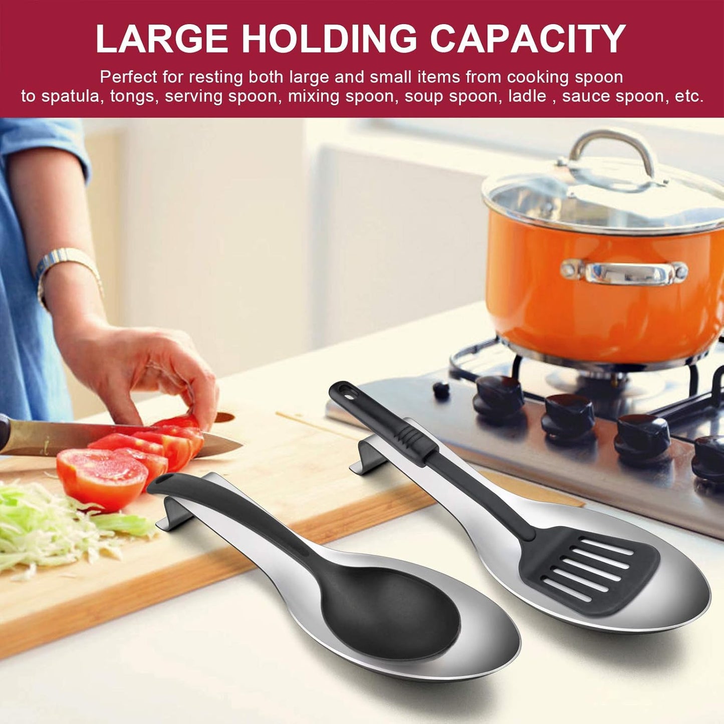 Spoon Rest Set of 2, Stainless Steel Spoon Ladle Holder Spatula Rest for Kitchen Stove Top, Large Size & Dishwasher Safe