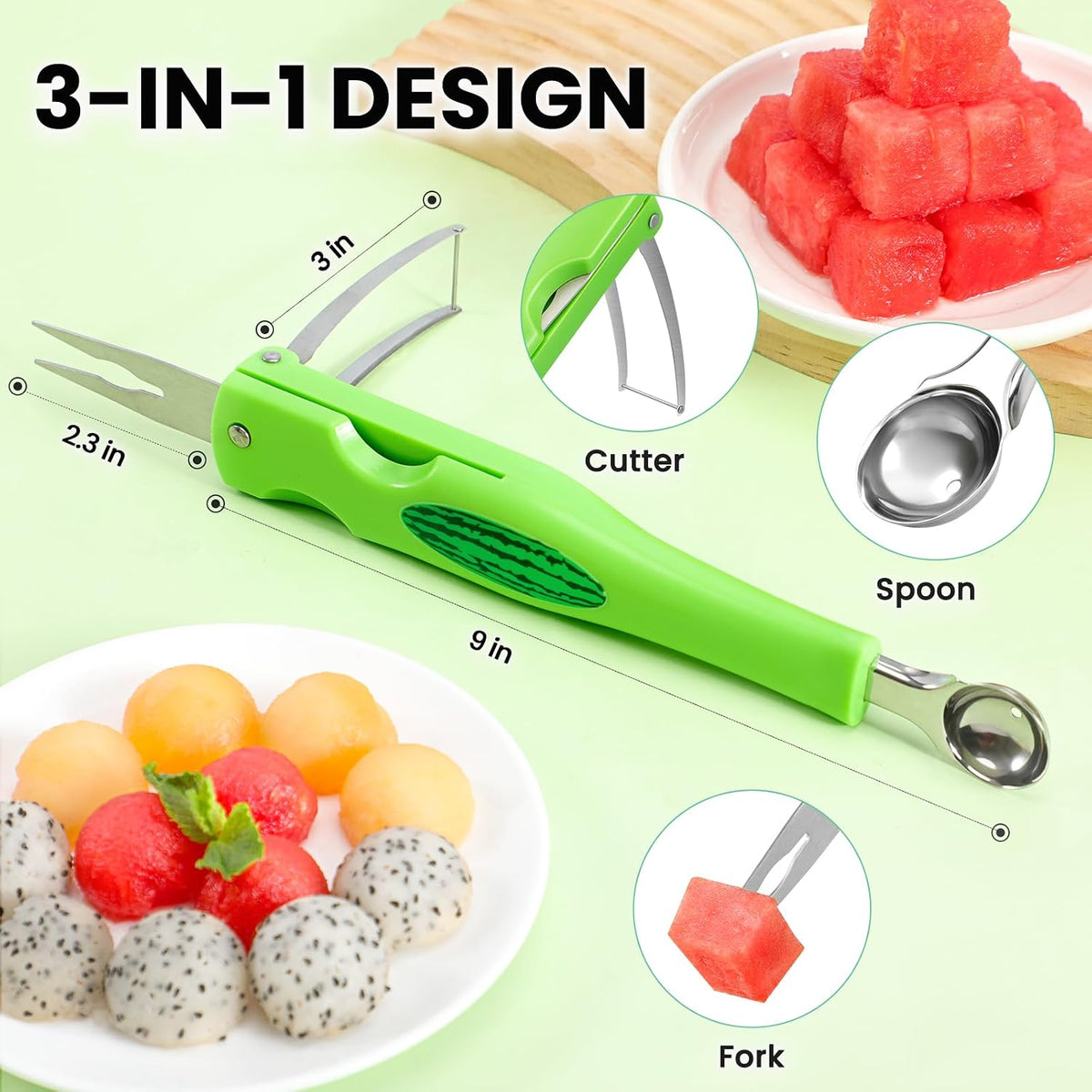 Premium Watermelon Cutter - 3 in 1 Watermelon Cutter Slicer Tool - Foldable Watermelon Slicer - Fruit Cutter for Kitchen Gadgets - Stainless Steel Watermelon Knife - Melon Baller Scoop
