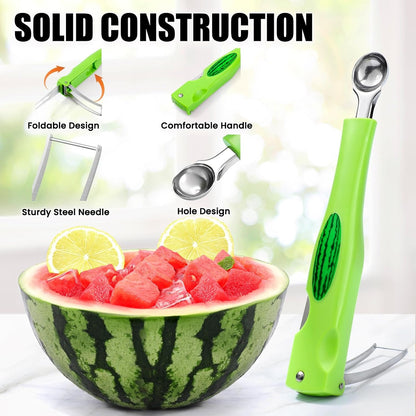 Premium Watermelon Cutter - 3 in 1 Watermelon Cutter Slicer Tool - Foldable Watermelon Slicer - Fruit Cutter for Kitchen Gadgets - Stainless Steel Watermelon Knife - Melon Baller Scoop