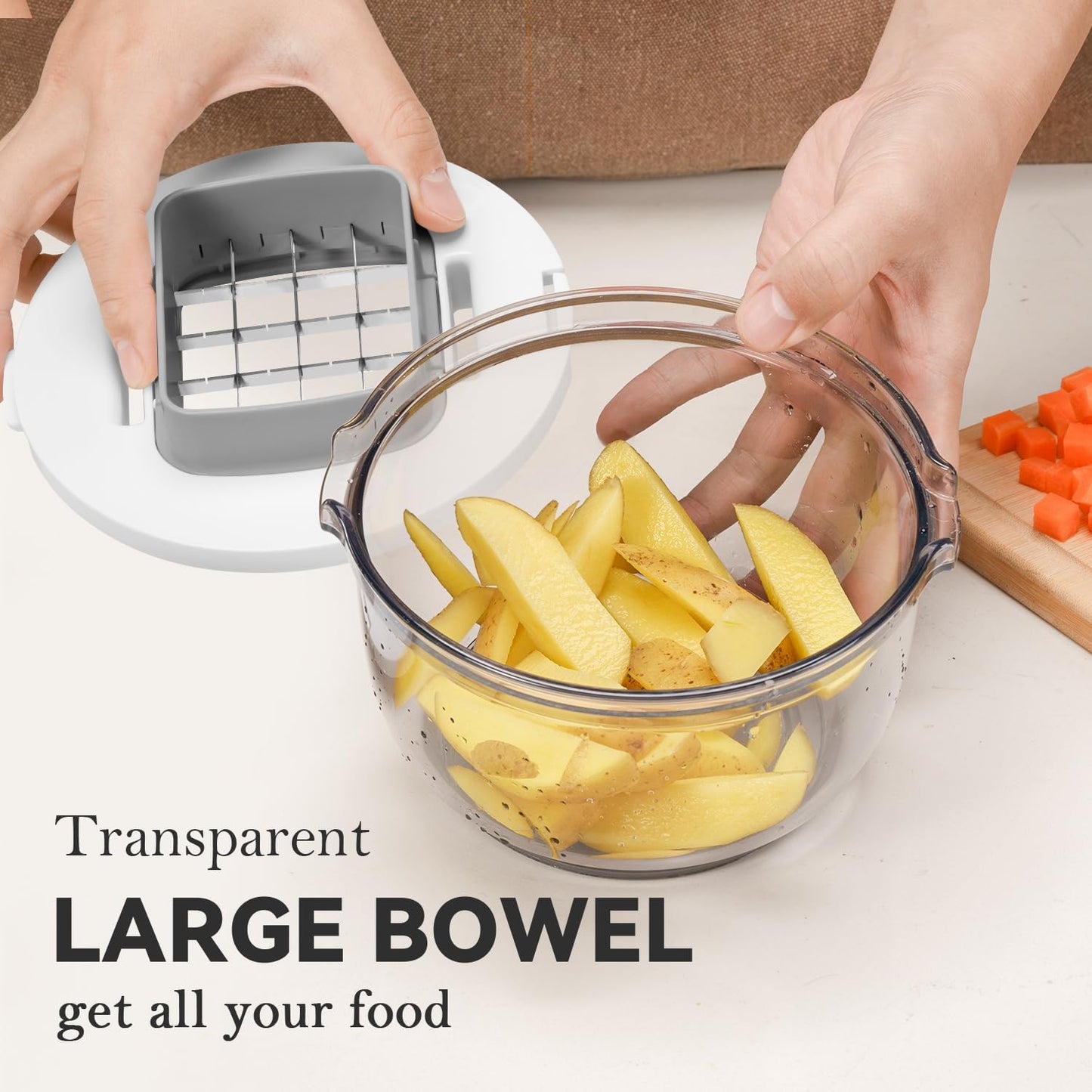 Multifunctional Vegetable Chopper Bowl White - 3 Interchangeable Blades Potato French Fry Cutter with Container & Storage Box Food Chopper Dicer for Cucumber, Tomato, Carrot, Onion