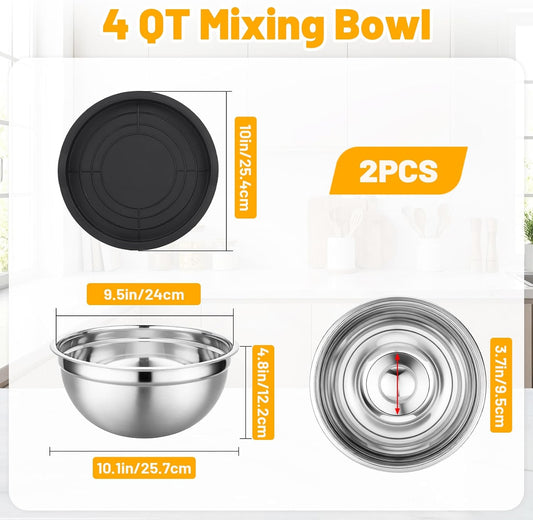 Mixing Bowls with Lids, 2 Pack 4 QT Stackable Stainless Steel Mixing Bowls Set with Lids, Metal Nesting Bowl for Kitchen, Baking, Food Prepping and Serving