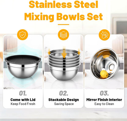 Mixing Bowls with Lids, 2 Pack 4 QT Stackable Stainless Steel Mixing Bowls Set with Lids, Metal Nesting Bowl for Kitchen, Baking, Food Prepping and Serving