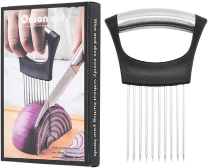Onion Holder & Food Slicer Cutter Tool – Stainless Steel Vegetable & Fruit Slicing Assistant for Easy, Safe Cutting (Black)