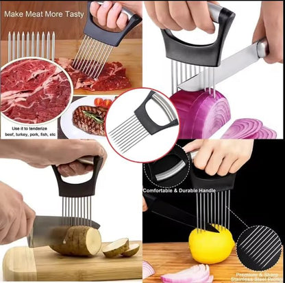 Onion Holder & Food Slicer Cutter Tool – Stainless Steel Vegetable & Fruit Slicing Assistant for Easy, Safe Cutting (Black)
