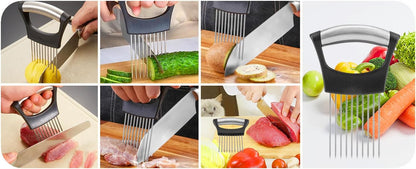 Onion Holder & Food Slicer Cutter Tool – Stainless Steel Vegetable & Fruit Slicing Assistant for Easy, Safe Cutting (Black)