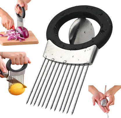 Onion Holder & Food Slicer Cutter Tool – Stainless Steel Vegetable & Fruit Slicing Assistant for Easy, Safe Cutting (Black)