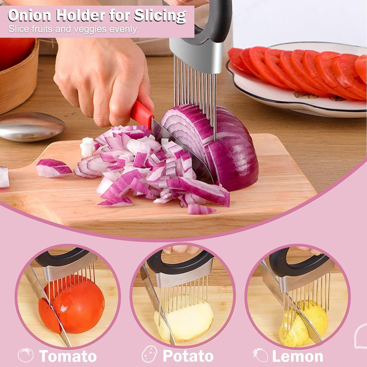 Onion Holder & Food Slicer Cutter Tool – Stainless Steel Vegetable & Fruit Slicing Assistant for Easy, Safe Cutting (Black)