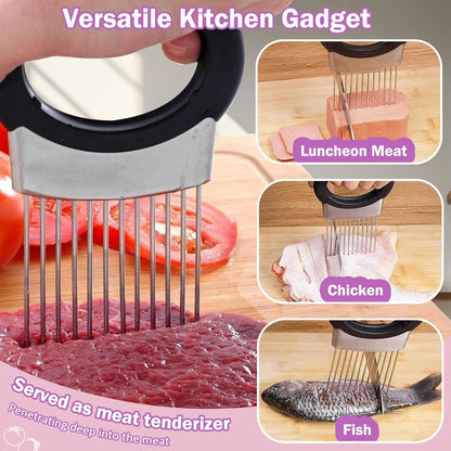 Onion Holder & Food Slicer Cutter Tool – Stainless Steel Vegetable & Fruit Slicing Assistant for Easy, Safe Cutting (Black)
