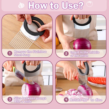 Onion Holder & Food Slicer Cutter Tool – Stainless Steel Vegetable & Fruit Slicing Assistant for Easy, Safe Cutting (Black)