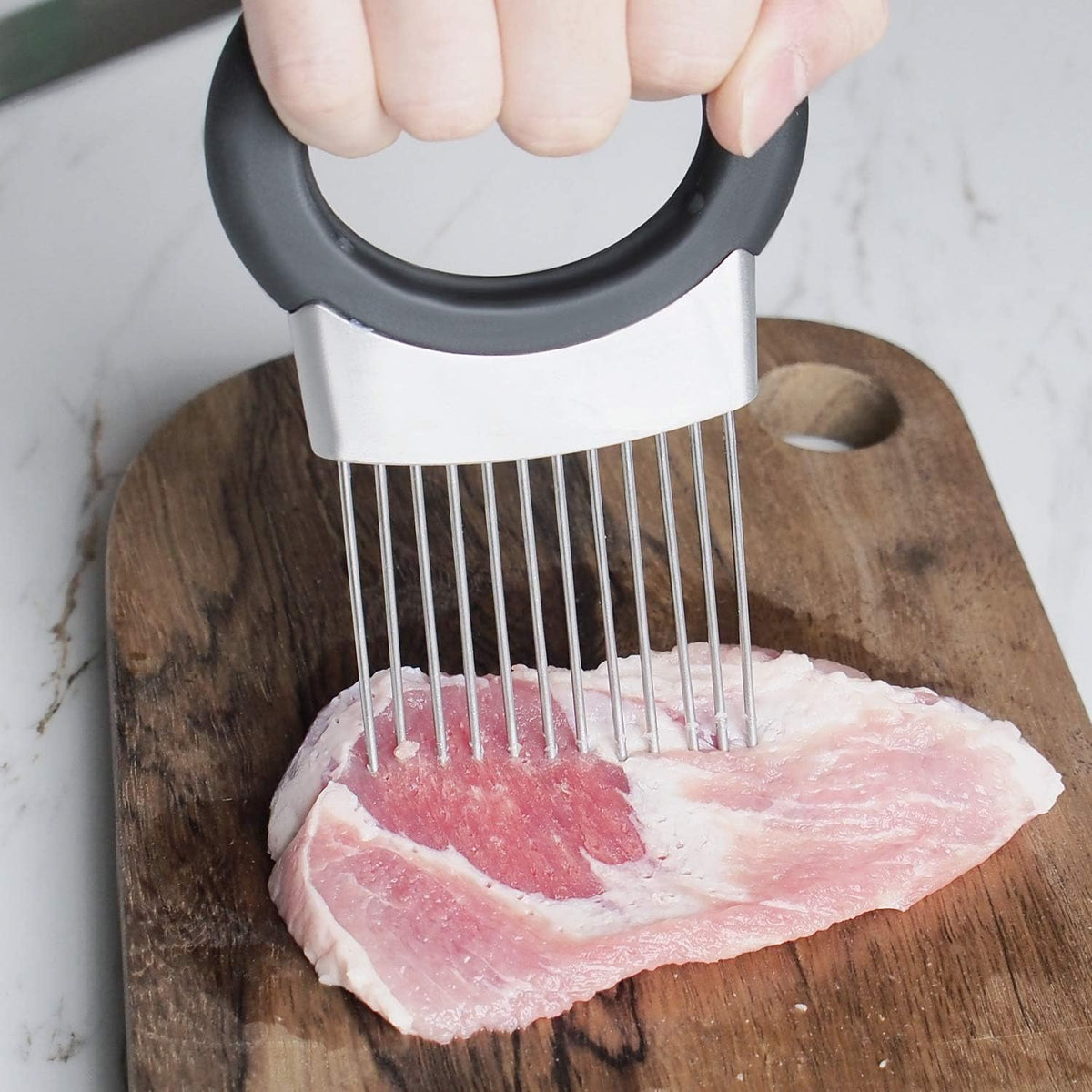 Onion Holder & Food Slicer Cutter Tool – Stainless Steel Vegetable & Fruit Slicing Assistant for Easy, Safe Cutting (Black)
