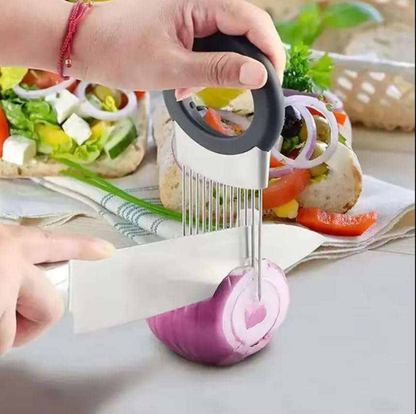 Onion Holder & Food Slicer Cutter Tool – Stainless Steel Vegetable & Fruit Slicing Assistant for Easy, Safe Cutting (Black)