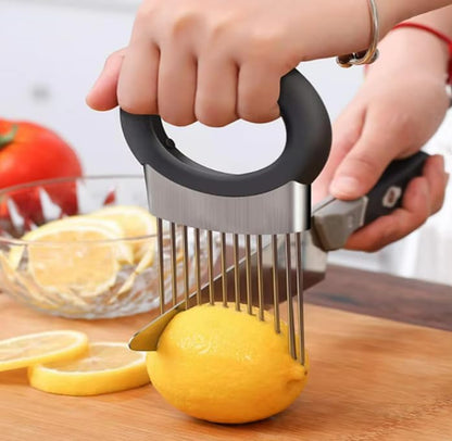 Onion Holder & Food Slicer Cutter Tool – Stainless Steel Vegetable & Fruit Slicing Assistant for Easy, Safe Cutting (Black)