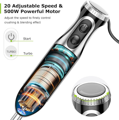 Immersion Blender with Food Processor, 20 Speeds & Turbo Mode
