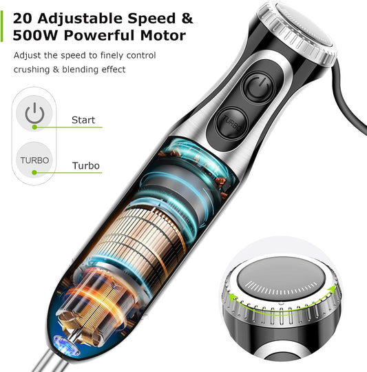 Immersion Blender with Food Processor, 20 Speeds & Turbo Mode