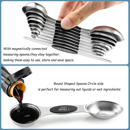 Magnetic Measuring Spoons Set of 9 Stainless Steel Dual Sided Teaspoon | Tablespoon Nesting Measuring Spoon for Measuring Dry and Liquid Ingredients Fits in Spice Jar