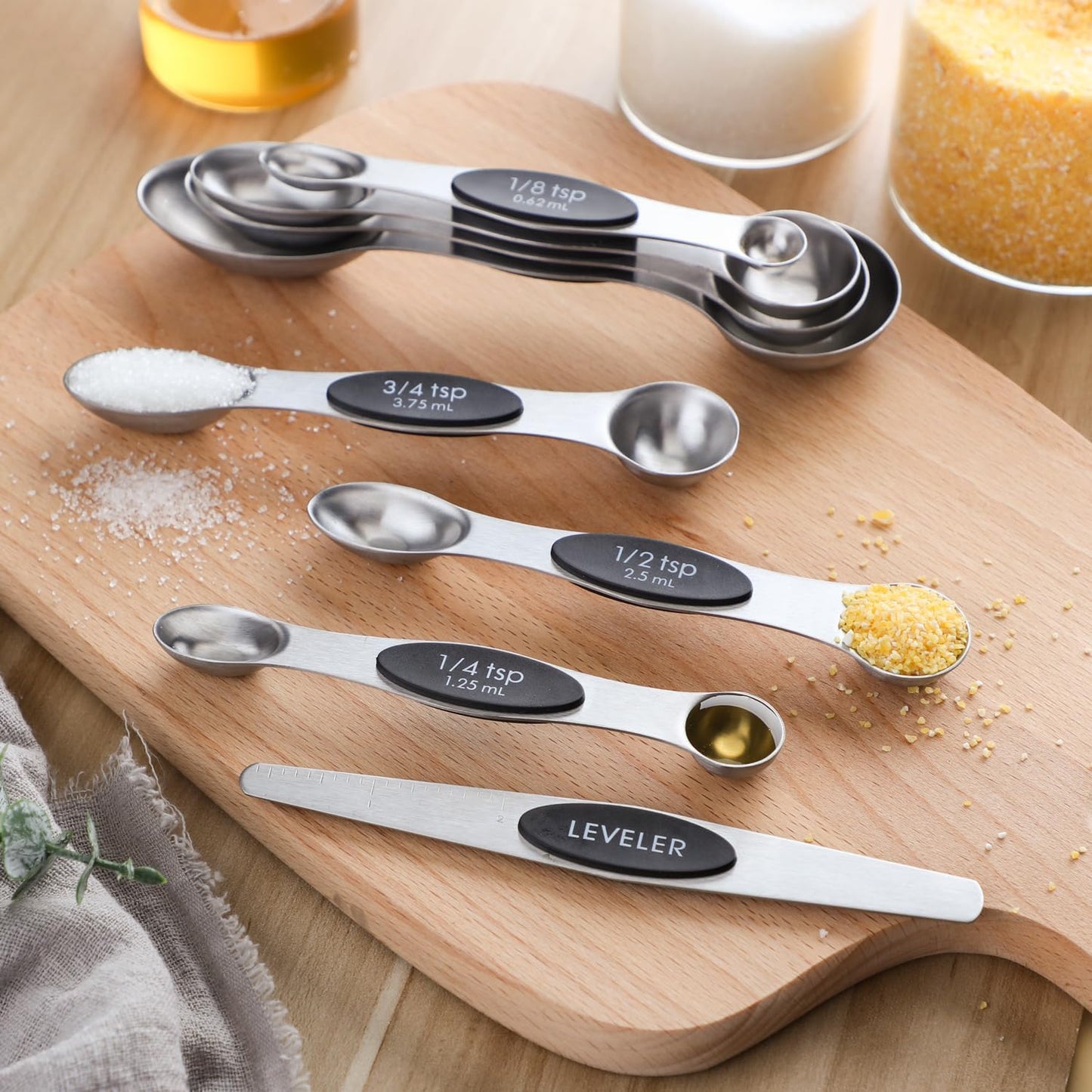 Magnetic Measuring Spoons Set of 9 Stainless Steel Dual Sided Teaspoon | Tablespoon Nesting Measuring Spoon for Measuring Dry and Liquid Ingredients Fits in Spice Jar