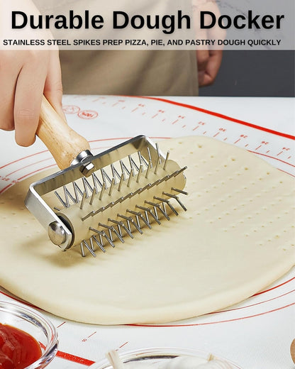 Pizza Dough Docker Roller with Stainless Steel Spikes and Pizza Cutter with Protective Cover, Includes Cleaning Brush and Canvas Bag, Perfect for Homemade Pizza, Pie, and Pastry