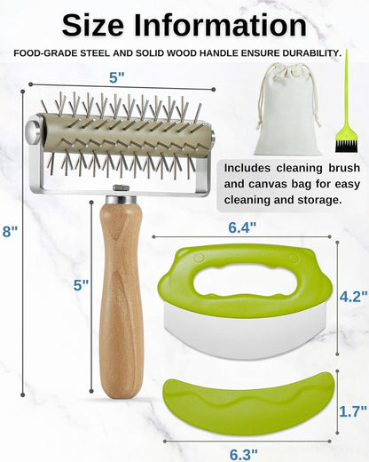 Pizza Dough Docker Roller with Stainless Steel Spikes and Pizza Cutter with Protective Cover, Includes Cleaning Brush and Canvas Bag, Perfect for Homemade Pizza, Pie, and Pastry