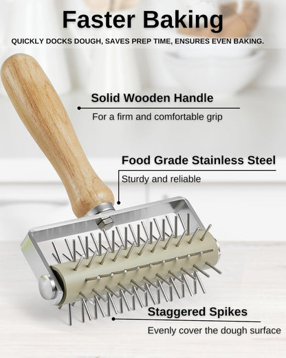 Pizza Dough Docker Roller with Stainless Steel Spikes and Pizza Cutter with Protective Cover, Includes Cleaning Brush and Canvas Bag, Perfect for Homemade Pizza, Pie, and Pastry