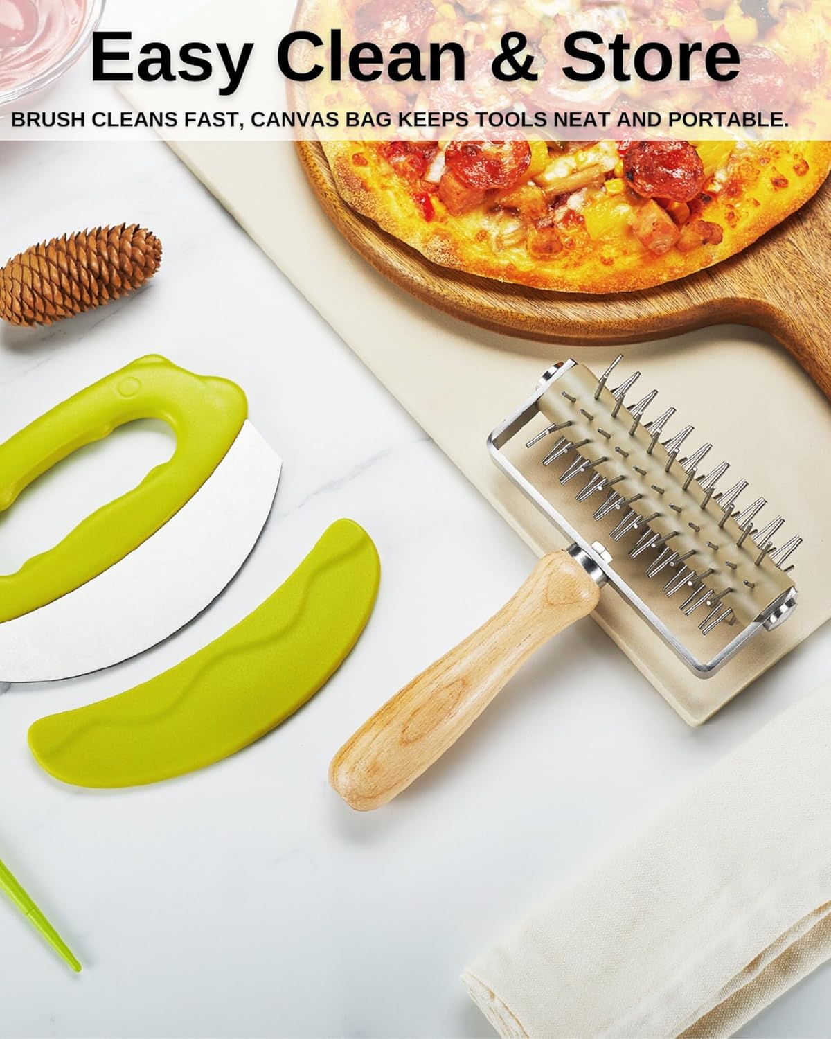 Pizza Dough Docker Roller with Stainless Steel Spikes and Pizza Cutter with Protective Cover, Includes Cleaning Brush and Canvas Bag, Perfect for Homemade Pizza, Pie, and Pastry