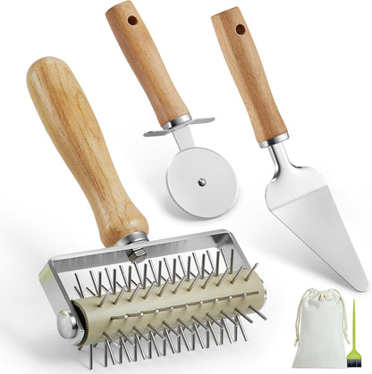 Pizza Dough Docker Roller with Stainless Steel Spikes and Pizza Cutter with Protective Cover, Includes Cleaning Brush and Canvas Bag, Perfect for Homemade Pizza, Pie, and Pastry